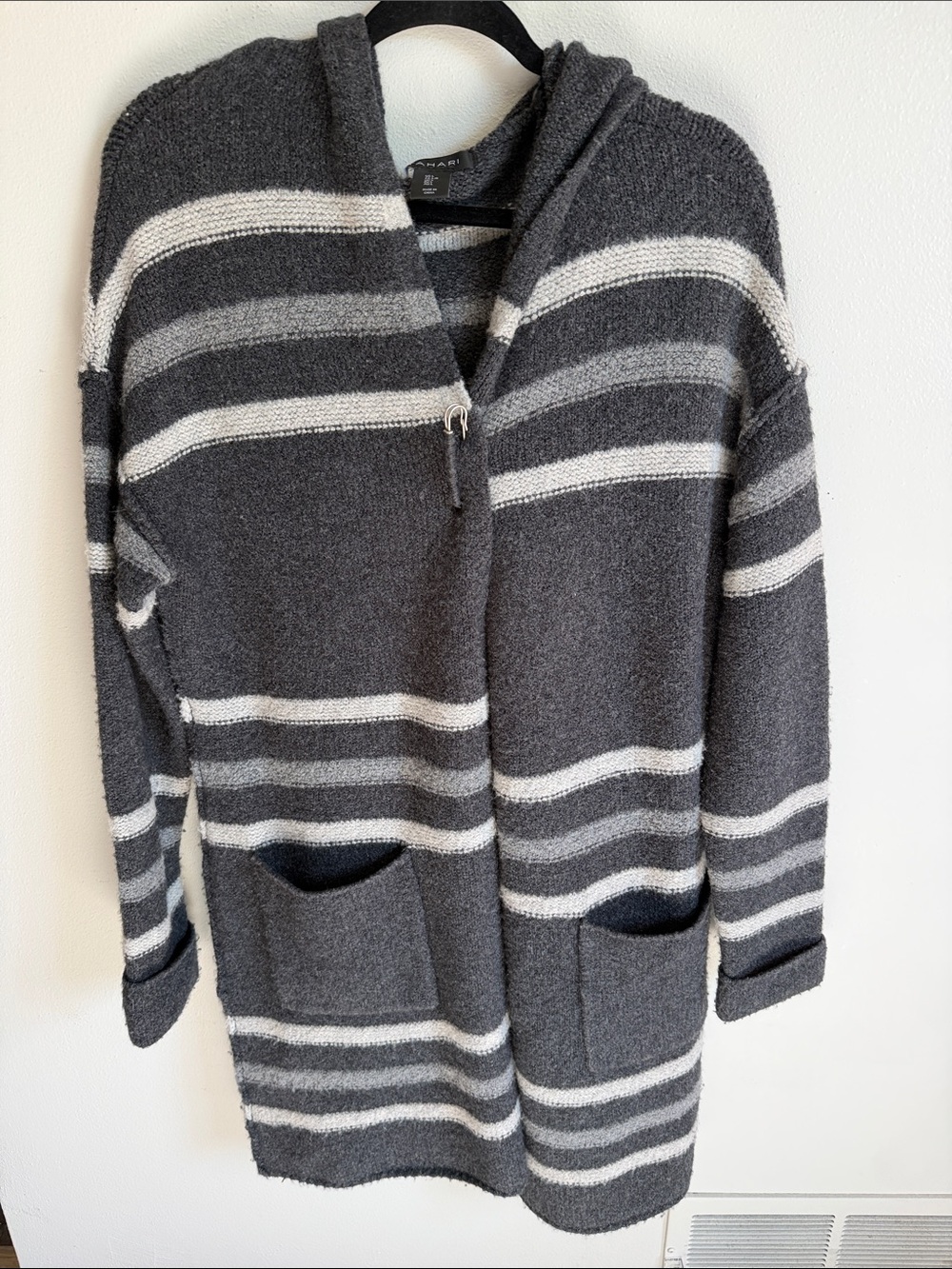 Tahari Gray and Ivory Striped Hooded Cardigan Size L